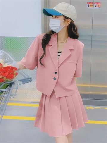 Blazer and Skirt Set Two Piece Suits 2023 Summer Women Elegant Preppy Style Short Sleeve Coat Jacket Mini Pleated Skirts 2326