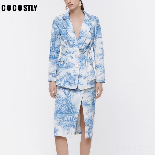 Blazer and Skirt Set Women Print Skirts Suit 2022 Autumn Long Sleeve Office Blazer Jacket & Skirt 2 Pieces Sets Women Suits