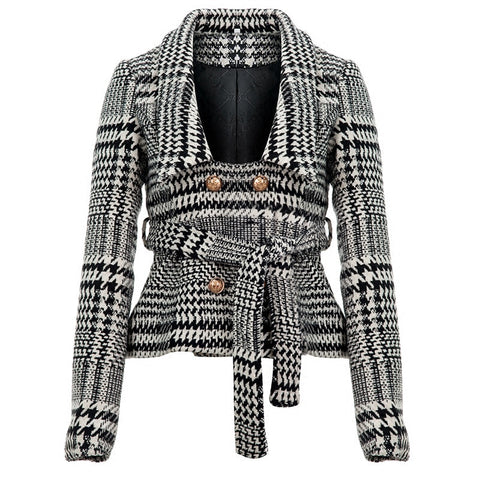 Blazer feminino New Gray plaid Double-breasted Office lady Blazer Spring Autumn Long sleeve Elegant blazer mujer  With belt