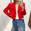 Blazer women's spring 2022 temperament red lapel long-sleeved pocket button decoration short casual blazer