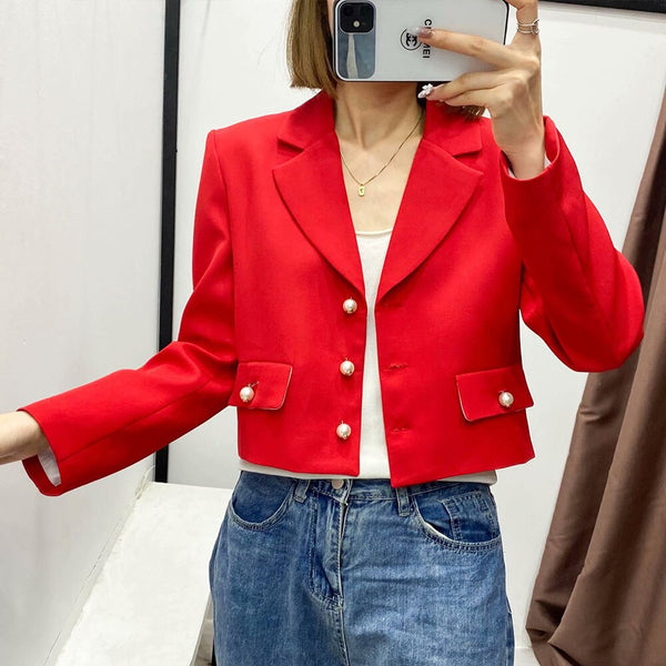 Blazer women's spring 2022 temperament red lapel long-sleeved pocket button decoration short casual blazer