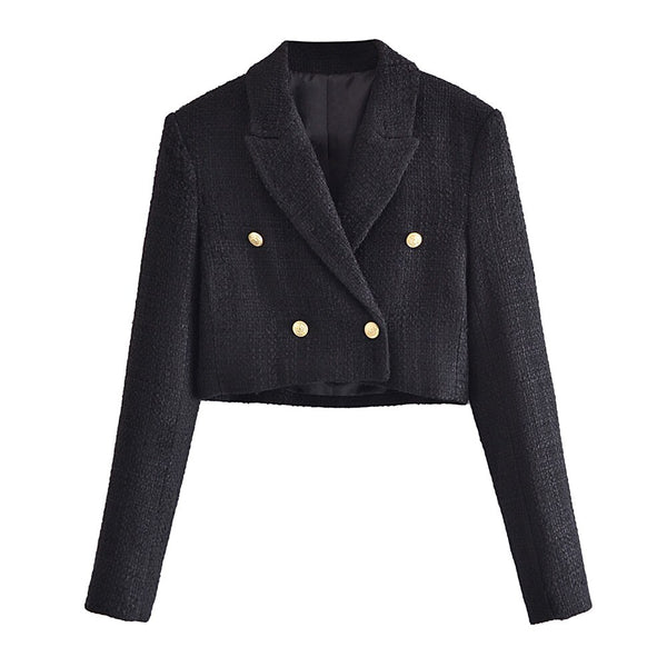 Blazers For Women 2023 Street Style Double Breasted Cropped Blazer Suit Jacket Peak Lapel Long Sleeve Elegant Black Tweed Blazer