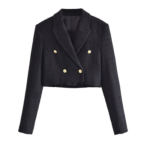 Blazers For Women 2023 Street Style Double Breasted Cropped Blazer Suit Jacket Peak Lapel Long Sleeve Elegant Black Tweed Blazer
