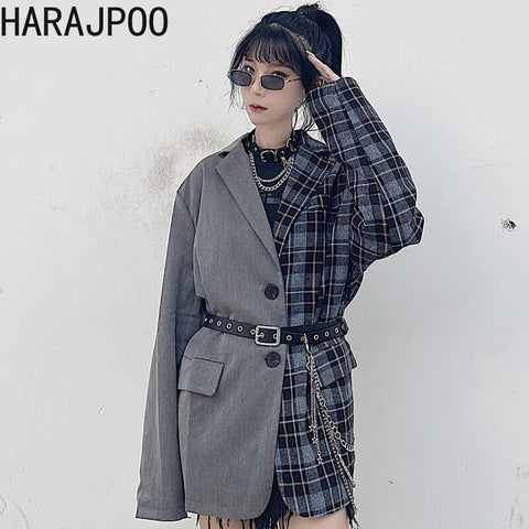 Blazers Harajpoo Women Stitching Plaid Suit Harajuku 2022 Spring Autumn Clothing Ins Loose Long Sleeve Casual Streetwear Coat