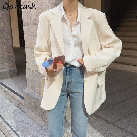 Blazers Women All-match Casual Outwear Oversized Beige Single Breasted Solid Korean Style Office Ladies Elegant Soft