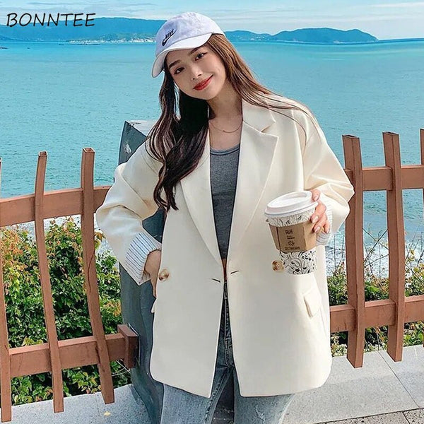Blazers Women All-match Pockets Sweet Outwear Spring BF Thin Daily Korean Simple Classic College Solid Tunic Soft Loose Harajuku