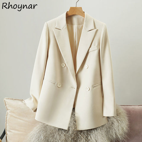 Blazers Women Beige Youth Autumn Casual Korean Style Design Pockets Double Breasted Office Lady Coats Clothes Classic