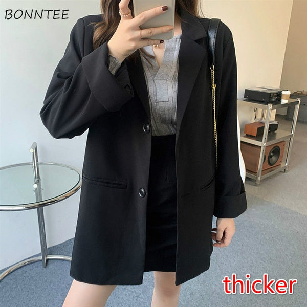 Blazers Women Black Spring Teenagers BF All-match Elegant Popular Notched Thicker Single Breasted Solid Outwear Ulzzang