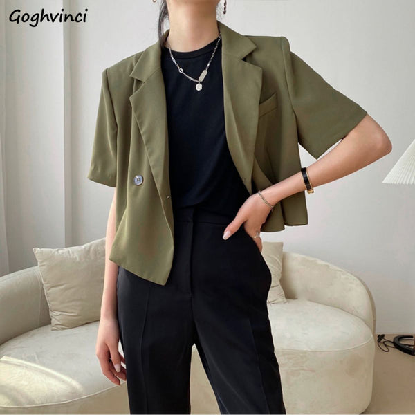 Blazers Women Casual Crop Outwear Summer All-match Korean Style Temperament Short Sleeve Office Lady Streetwear Double Breasted