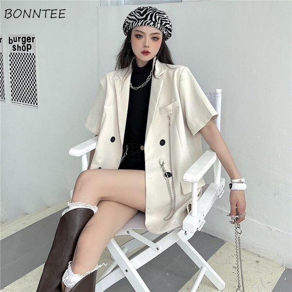 Blazers Women Chain Summer Cool Korean Simple Short Sleeve Loose Outwear All-match Casual Streetwear Mujer Design