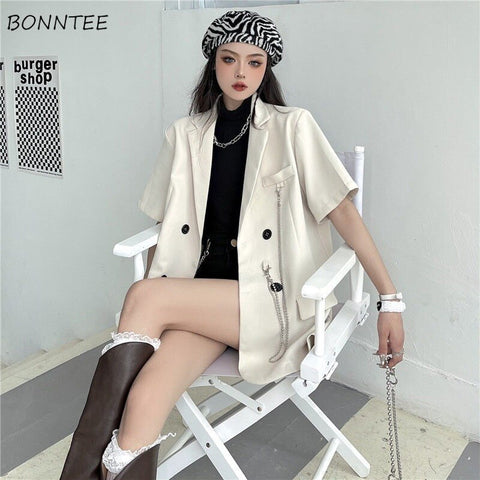 Blazers Women Chain Summer Cool Korean Simple Short Sleeve Loose Outwear All-match Casual Streetwear Mujer Design