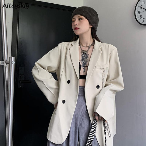 Blazers Women Chic Harajuku Double Breasted Long Sleeve Loose Casual All-match Chain Autumn Korean Version Stylish Daily Simple