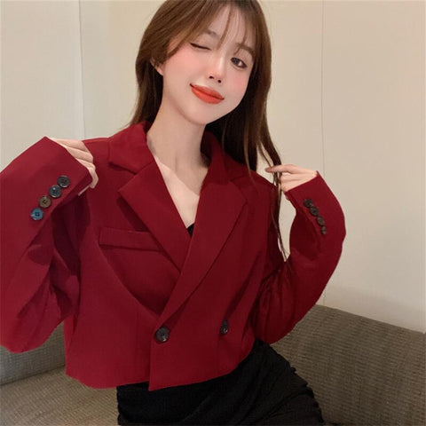 Blazers Women Chic Lady Double Breasted Blazer Vintage Coat  Korean Spring Loose Elegant Office Long Sleeve Outerwear Clothing