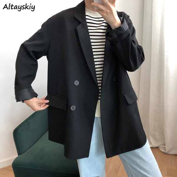 Blazers Women College Casual Trendy Simple Clothing Ladies Ins Outwear Chic Solid Notched Spring Loose Temperament All-match