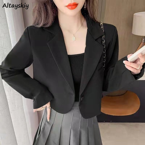 Blazers Women Crop Outwear Spring Office Ladies Solid Design Retro Casual Simple Korean Chic Female All-match Elegant