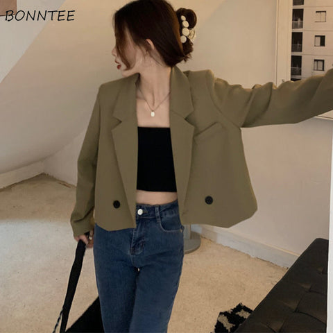 Blazers Women Cropped Design Spring Clothes Korean Style Double Breasted Outwear College Simple Streetwear Casual