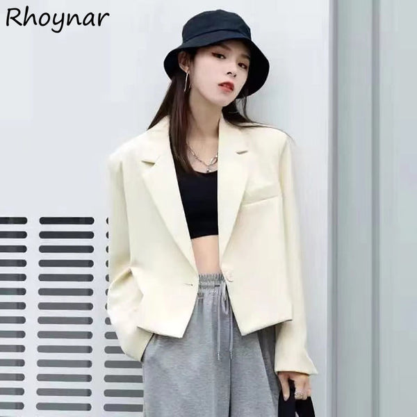 Blazers Women Cropped Female Clothing Chic Retro Loose Solid Single Button Office Lady Streetwear Soft Casual Preppy Style Ins