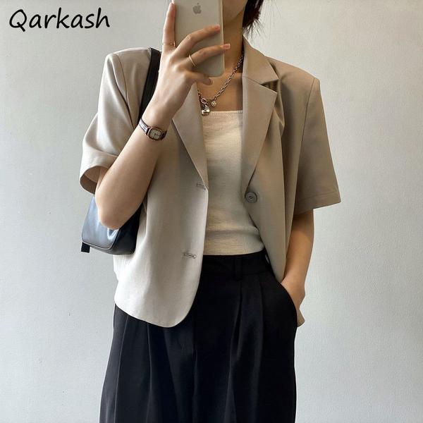 Blazers Women Cropped Summer Loose Elegant Office Lady Basic Single Breasted Minimalist Street Temperament Daily Outwear Chic