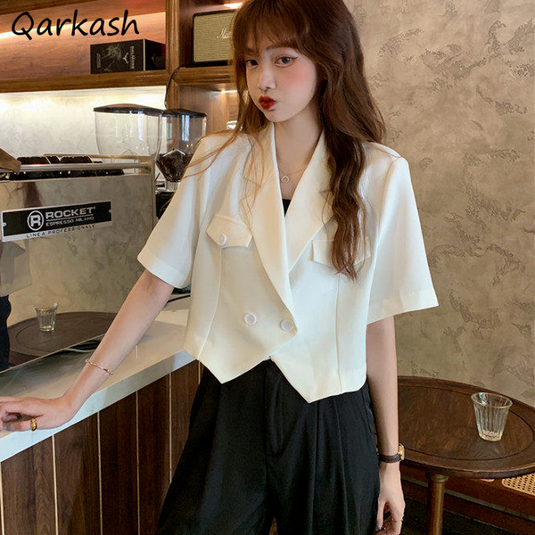 Blazers Women Crops Chic Stylish Solid Notched Ulzzang Summer Ins Double Breasted Sweet Style Students Outerwear Basic Mujer New