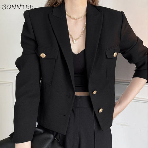 Blazers Women Crops Design Solid Harajuku Casual Slim Ins Female Spring Fall All-match Notched Hipster Mujer Outwear