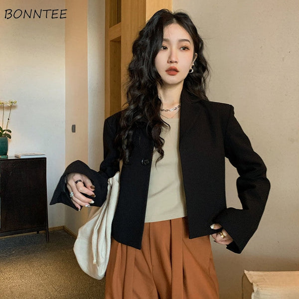 Blazers Women Crops Leisure Solid Daily Harajuku Single Button Design Lady Autumn Notched All-match Streetwear Outwear
