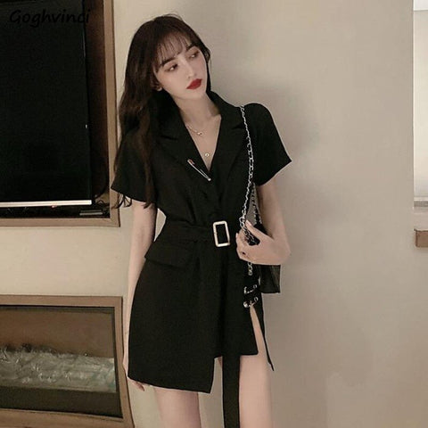 Blazers Women Design Summer Short Sleeves Sashes Tunic Notched Side Split Girls Leisure Streetwear Young Korean Style Chic