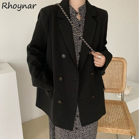 Blazers Women Double Breasted Casual All-match Spring Baggy Long Sleeve Notched Korean Style Elegant Design Outerwear Ladies