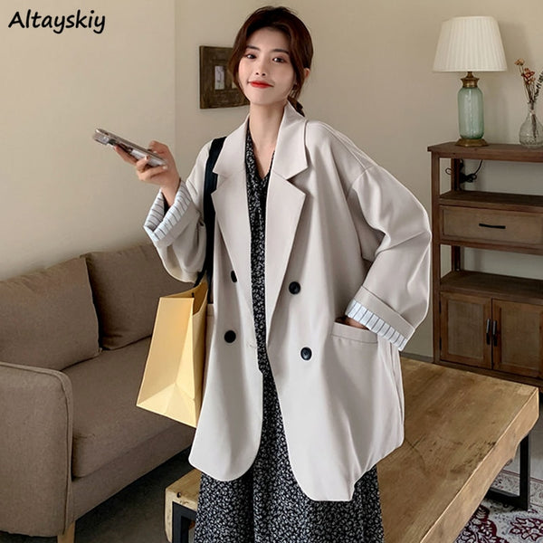 Blazers Women Double Breasted Outerwear Solid Loose Chic Spring Office Basic Notched Ladies Cool All-match Cozy Retro