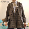 Blazers Women Double Breasted Plaid Long Sleeve Simple Jackets Womens All-match Leisure Korean Style Ladies Elegant Daily Chic