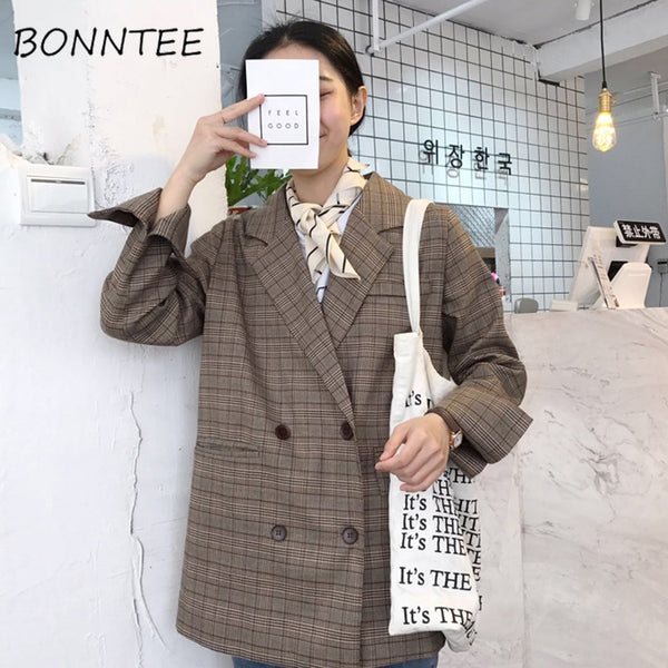 Blazers Women Double Breasted Plaid Long Sleeve Simple Jackets Womens All-match Leisure Korean Style Ladies Elegant Daily Chic