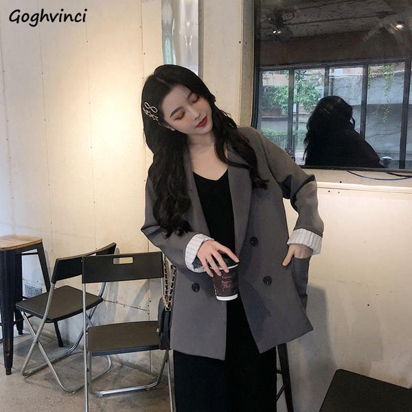 Blazers Women Double Breasted Solid Black Gray Spring Autumn  Simple All-match Loose Korean Style Business Ladies Korean Style