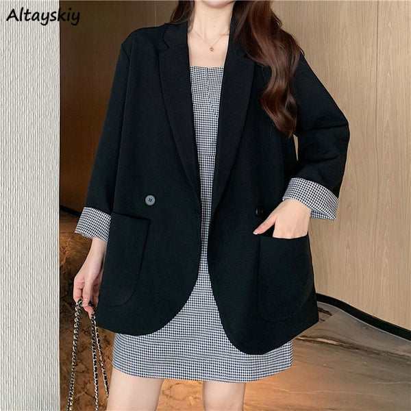 Blazers Women Double-breasted Plaid Loose Pockets Spliced Korean Khaki Button Office High-quality Stylish Spring Chic