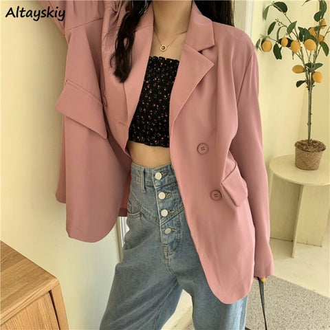 Blazers Women Elegant Office Lady Loose Bf Korean Style Full Sleeve Double Breasted Outwear Business All-match Casual