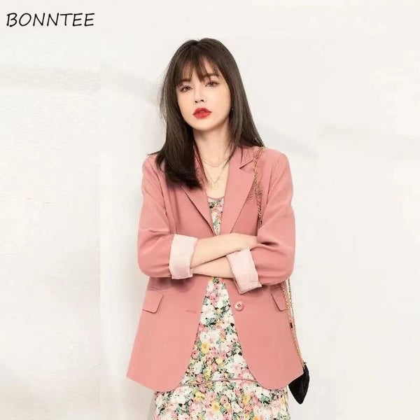 Blazers Women Elegant Solid Notched Pink Temperament Casual All-match Spring Streetwear Tender Korean Version Prevalent