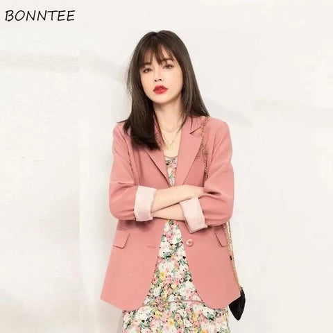 Blazers Women Elegant Solid Notched Pink Temperament Casual All-match Spring Streetwear Tender Korean Version Prevalent