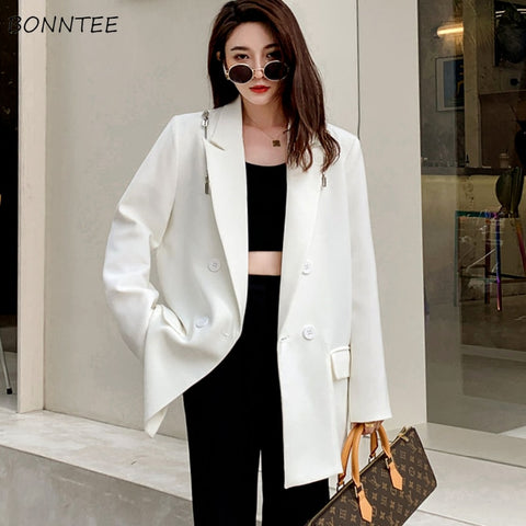 Blazers Women Elegant Vintage Long Sleeve White Female Clothing Single Breasted Fashionable Outwear Korean Style Minimalist Girl