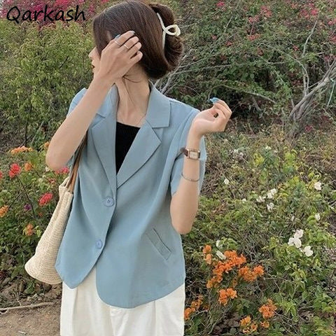 Blazers Women All-match Summer Thin Pockets Notched Simple Korean Workwear Daily Casual Outwear Formal Design Chic Soft