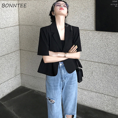 Blazers Women Casual Short Sleeve Loose Korean Style Office Lady Single Breasted Elegant All-match Summer Female Clothes