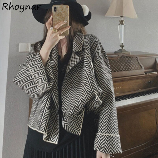 Blazers Women Knitted Baggy Design Crop Long Sleeve Elegant Notched Collar Pockets Korean Style Streetwear Ladies Girls