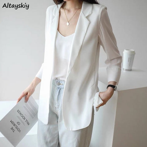 Blazers Women Loose Solid Long Sleeve Notched Thin Sunscreen Leisure All-match Korean Style Minimalist Summer Clothing