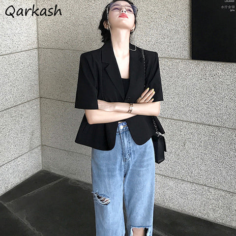 Blazers Women Half-sleeve Notched Collar Female Trendy Solid Color Short-length Single Breasted Leisure Holiday High Street Girl