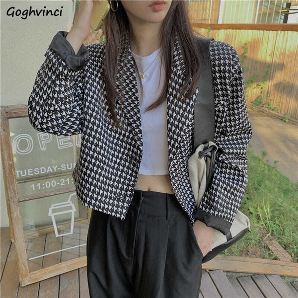 Blazers Women Houndstooth Outwear Notched High Street Design Spring Black Cropped Elegant Aesthetic All-match Lady Chic Clothes