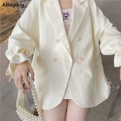 Blazers Women Kawaii Japanese Style Preppy Student Bandage Spring Loose Casual Ulzzang Double Breasted Sweet Simple Ins