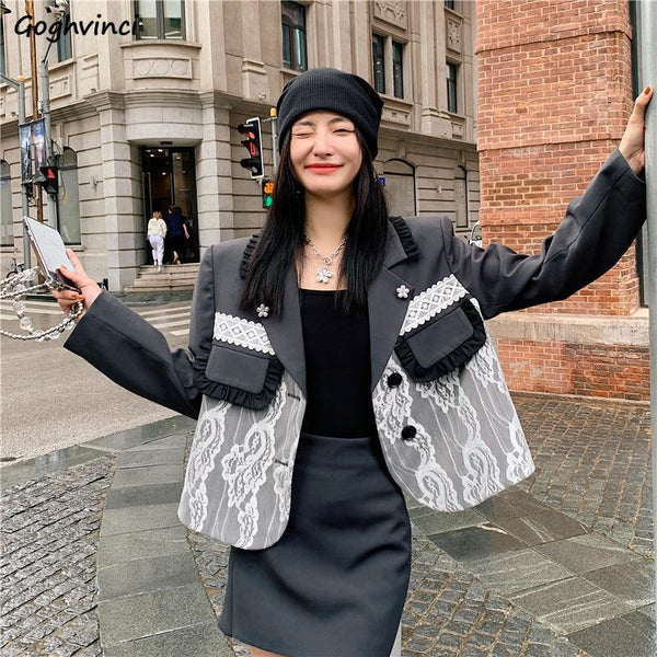 Blazers Women Lace Aesthetic Temperament Cropped Notched Korean Style Harajuku Long Sleeve Popular Basic Clothes Autumn Sweet