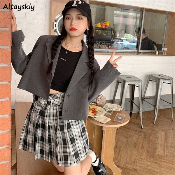 Blazers Women Leisure Long Sleeve Solid Single-breasted Notched Crop Tops Ulzzang Coat Females Preppy Style All-match