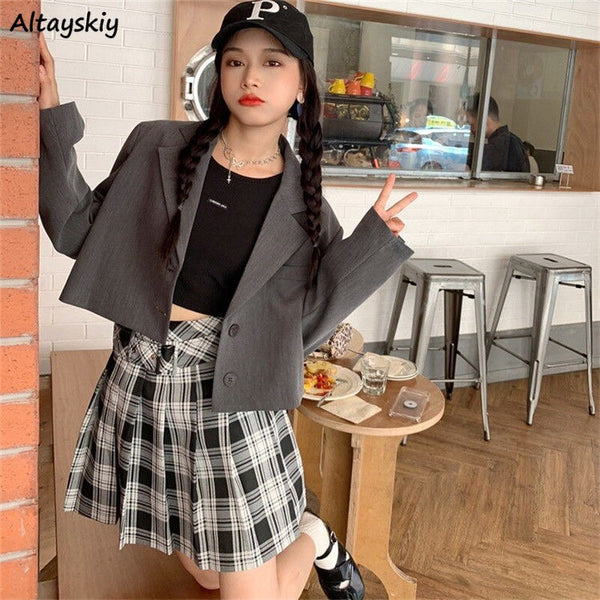 Blazers Women Leisure Long Sleeve Solid Single-breasted Notched Crop Tops Ulzzang Coat Females Preppy Style All-match