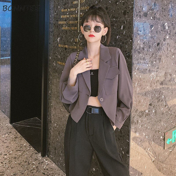 Blazers Women Long Sleeve Solid Leisure Cool Girls Single Button Cropped Tops Notched Simple Stylish Outwear Streetwear Daily