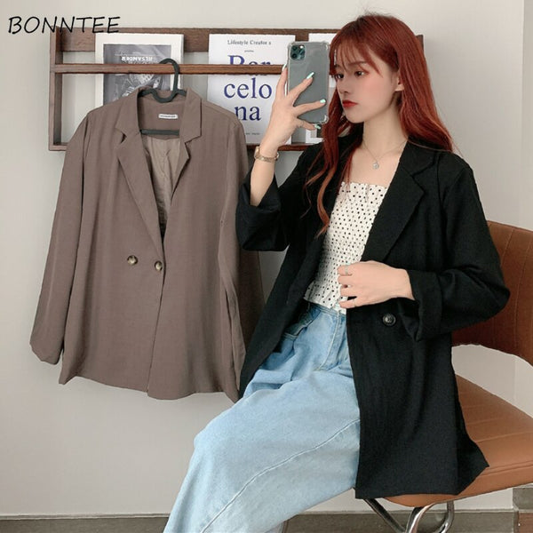 Blazers Women Loose Big Size S-5XL Autumn Temper Notched Casual Popular College All-match Female Clothes Office Lady Temperament