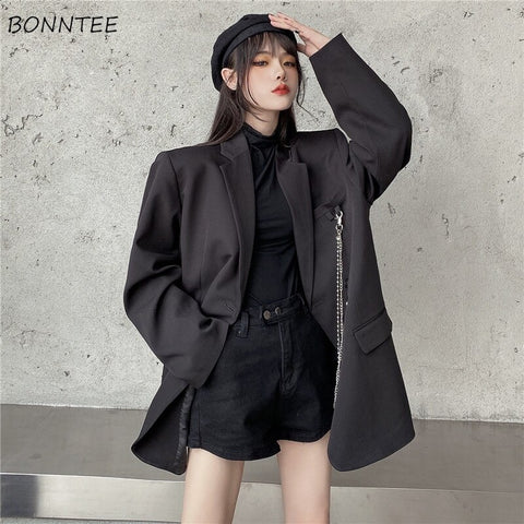 Blazers Women Loose Casual Vintage Solid Notched Korean Style Students All-match Simple Cozy Chic Elegant Ins Ulzzang