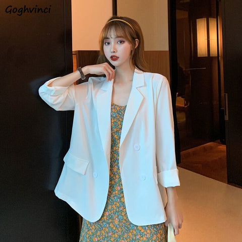 Blazers Women Loose Pockets Summer White Thin All-match Streetwear Outwear Classic Double Breasted Mujer College Office Lady